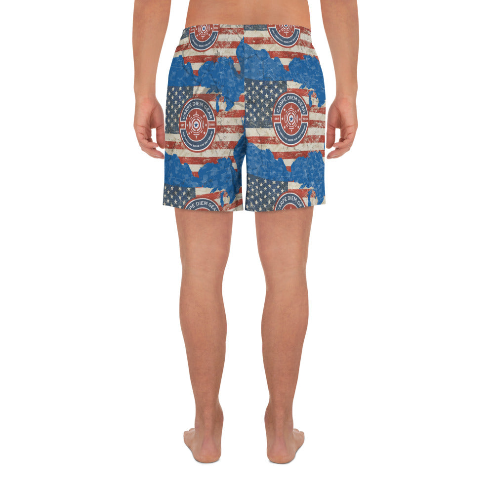 Carpe Diem Gear | Men's Swimsuits | FLAG USA w/ CDG USA Badge | All Purpose Shorts 91% Recycled polyester & 9% Spandex