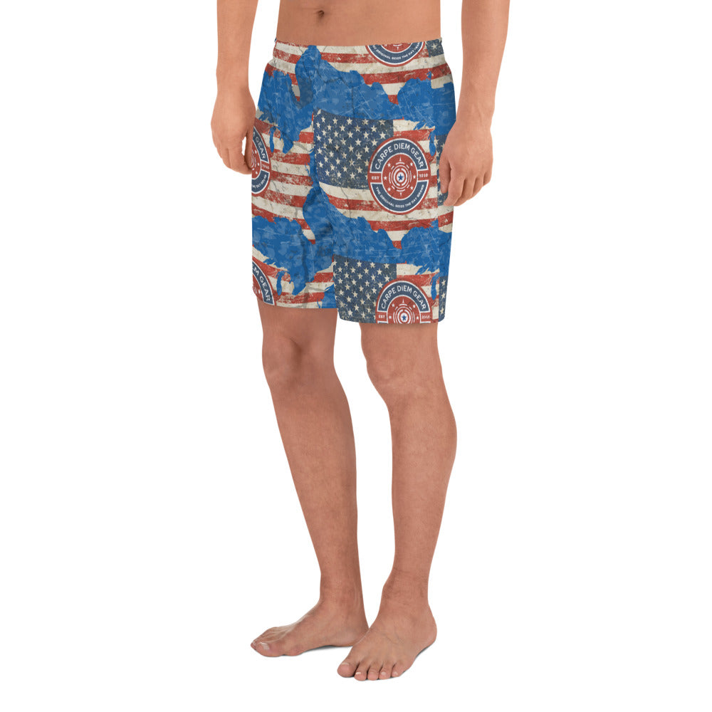 Carpe Diem Gear | Men's Swimsuits | FLAG USA w/ CDG USA Badge | All Purpose Shorts 91% Recycled polyester & 9% Spandex