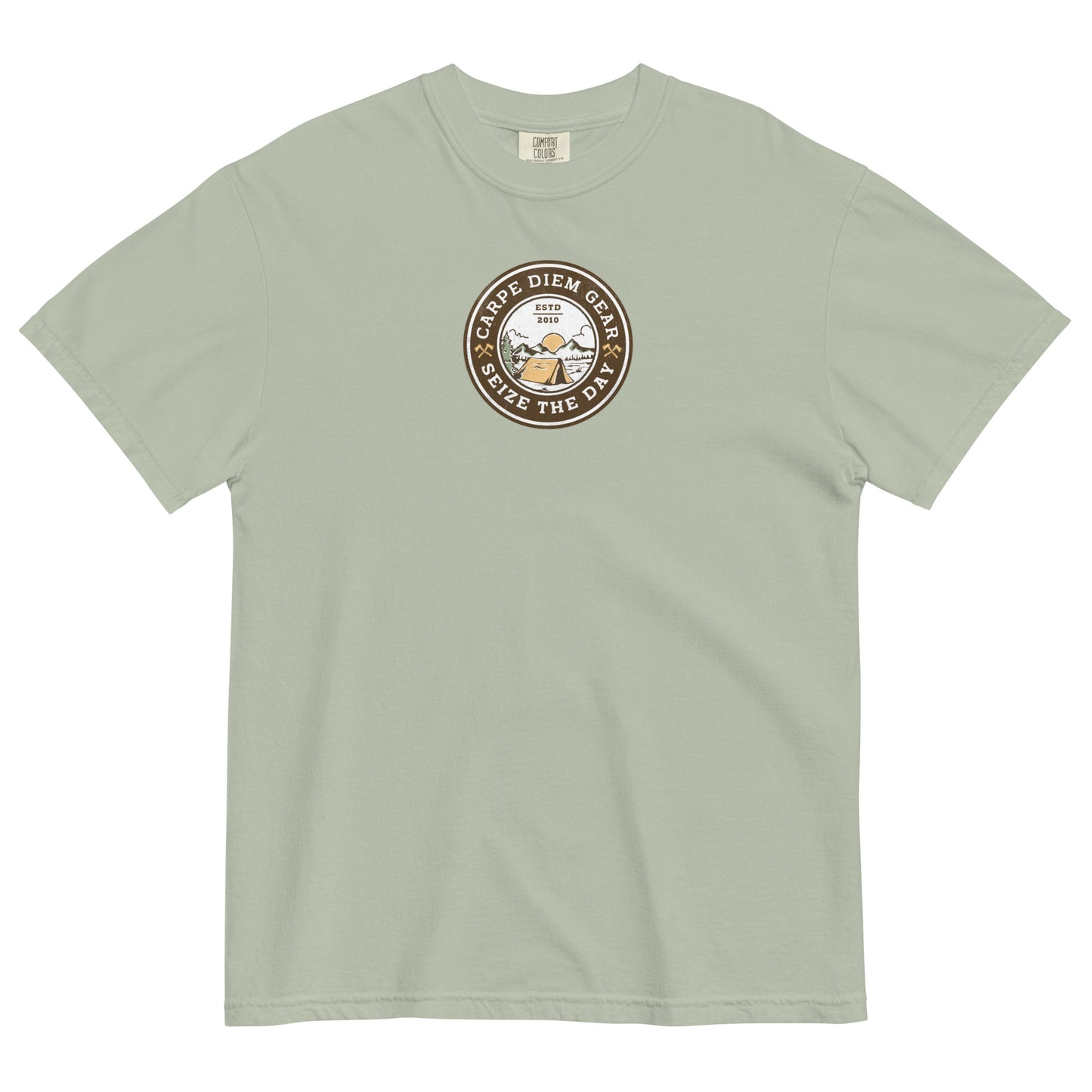 Carpe Diem Gear | Hike, Climb, Camp | Camping Badge | Unisex Garment-Dyed 100% Ring-Spun Cotton Heavyweight T-Shirt