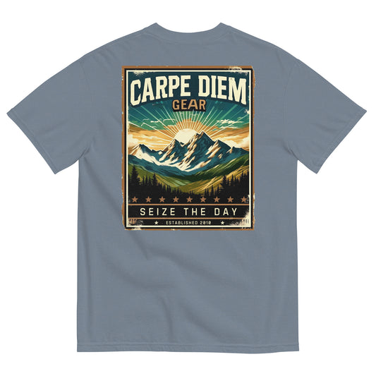 Carpe Diem Gear | Hike, Climb, Camp | Big Mountain Sunrise DELUXE | Unisex Garment-Dyed 100% Ring-Spun Cotton Heavyweight T-Shirt