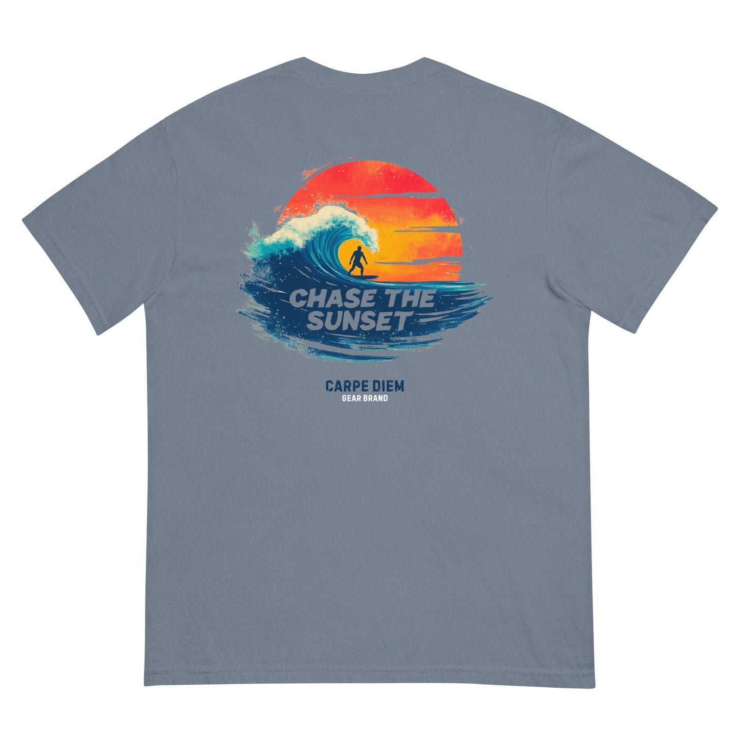 Carpe Diem Gear | Motivational | Chase the Sunset Surfing I (Deluxe) | Unisex Garment-Dyed 100% Ring-Spun Cotton Heavyweight T-Shirt