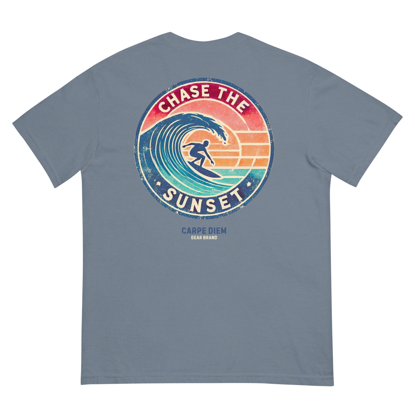 Carpe Diem Gear | Motivational | Chase the Sunset Surfing IV (Deluxe) | Unisex Garment-Dyed 100% Ring-Spun Cotton Heavyweight T-Shirt