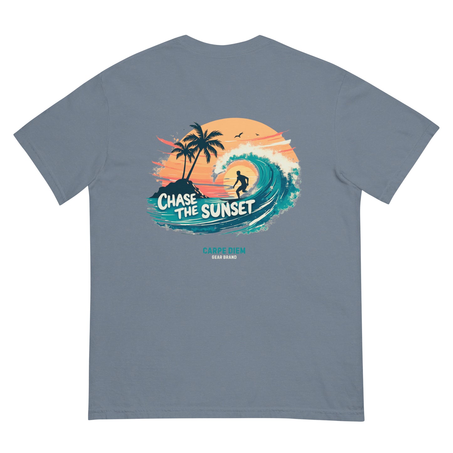 Carpe Diem Gear | Motivational | Chase the Sunset Surfing III (Deluxe) | Unisex Garment-Dyed 100% Ring-Spun Cotton Heavyweight T-Shirt