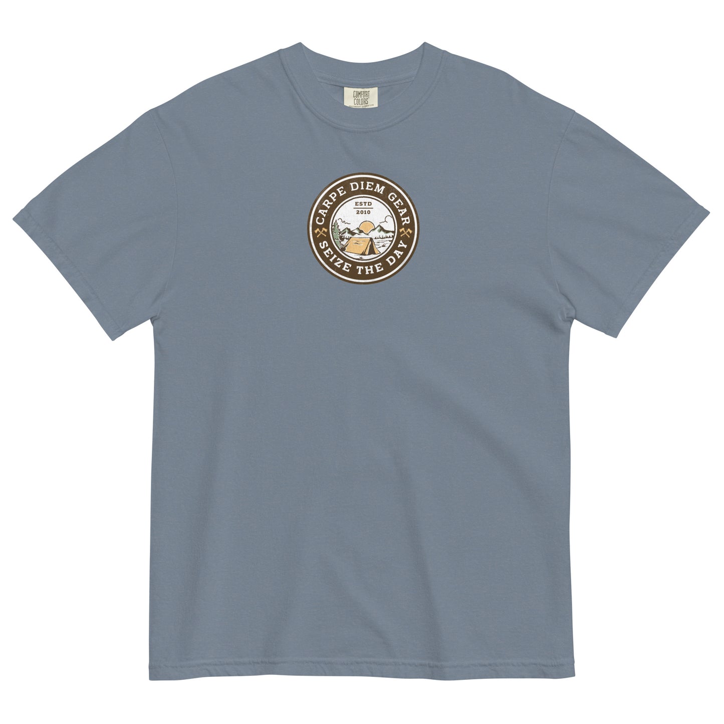 Carpe Diem Gear | Hike, Climb, Camp | Camping Badge | Unisex Garment-Dyed 100% Ring-Spun Cotton Heavyweight T-Shirt