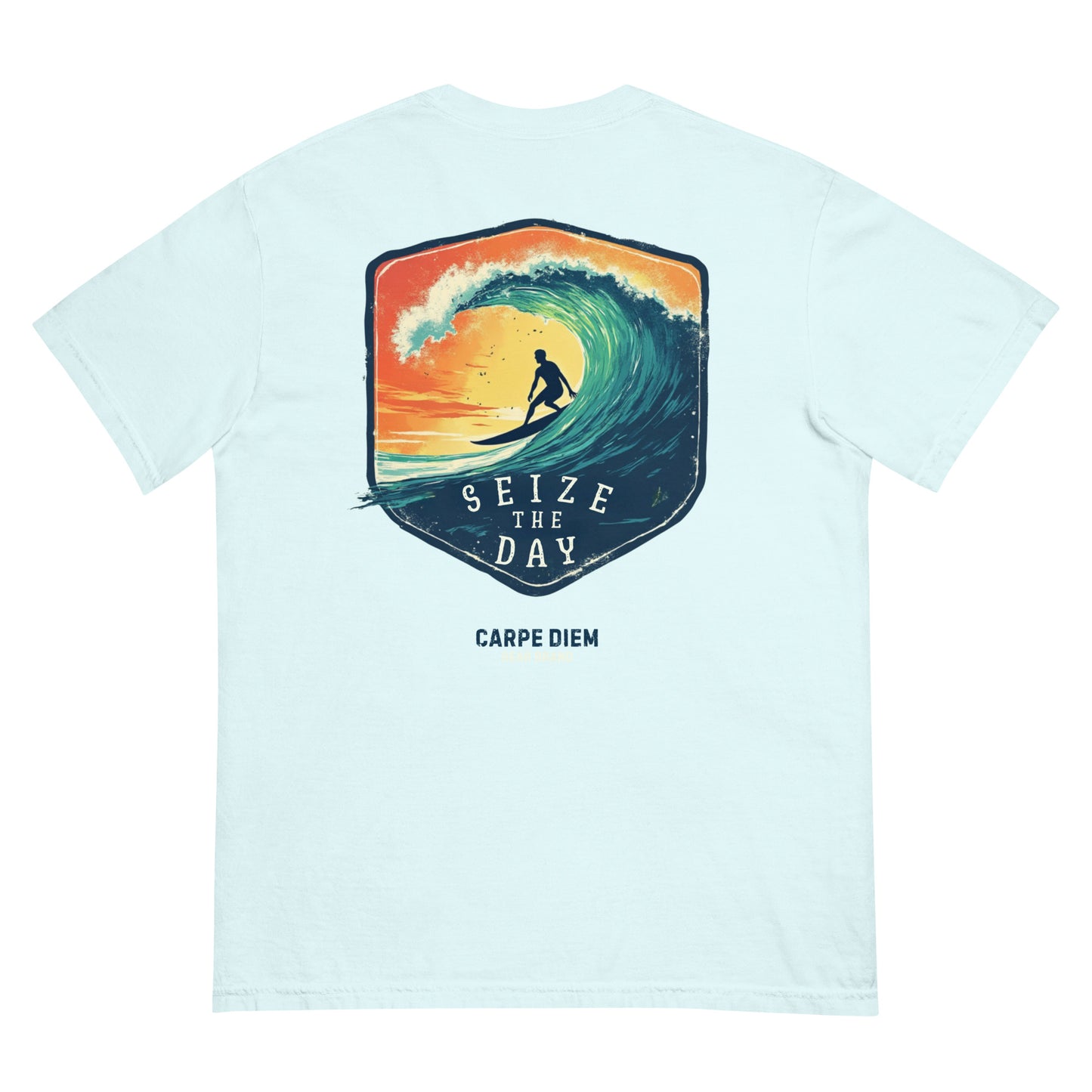 Carpe Diem Gear | Motivational | Seize the Day Surfing (Deluxe) | Unisex Garment-Dyed 100% Ring-Spun Cotton Heavyweight T-Shirt