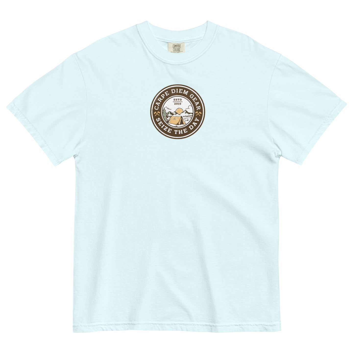 Carpe Diem Gear | Hike, Climb, Camp | Camping Badge | Unisex Garment-Dyed 100% Ring-Spun Cotton Heavyweight T-Shirt