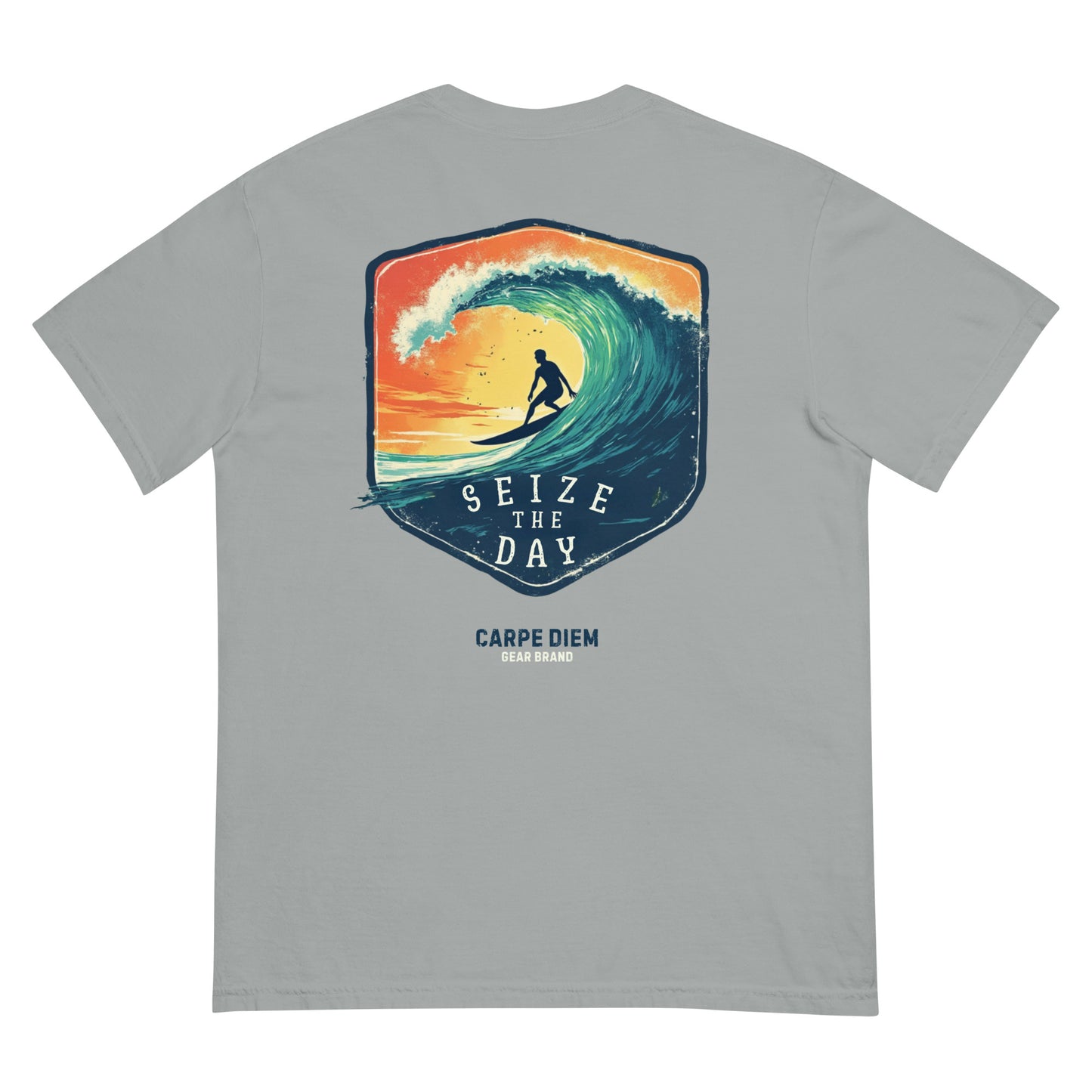 Carpe Diem Gear | Motivational | Seize the Day Surfing (Deluxe) | Unisex Garment-Dyed 100% Ring-Spun Cotton Heavyweight T-Shirt