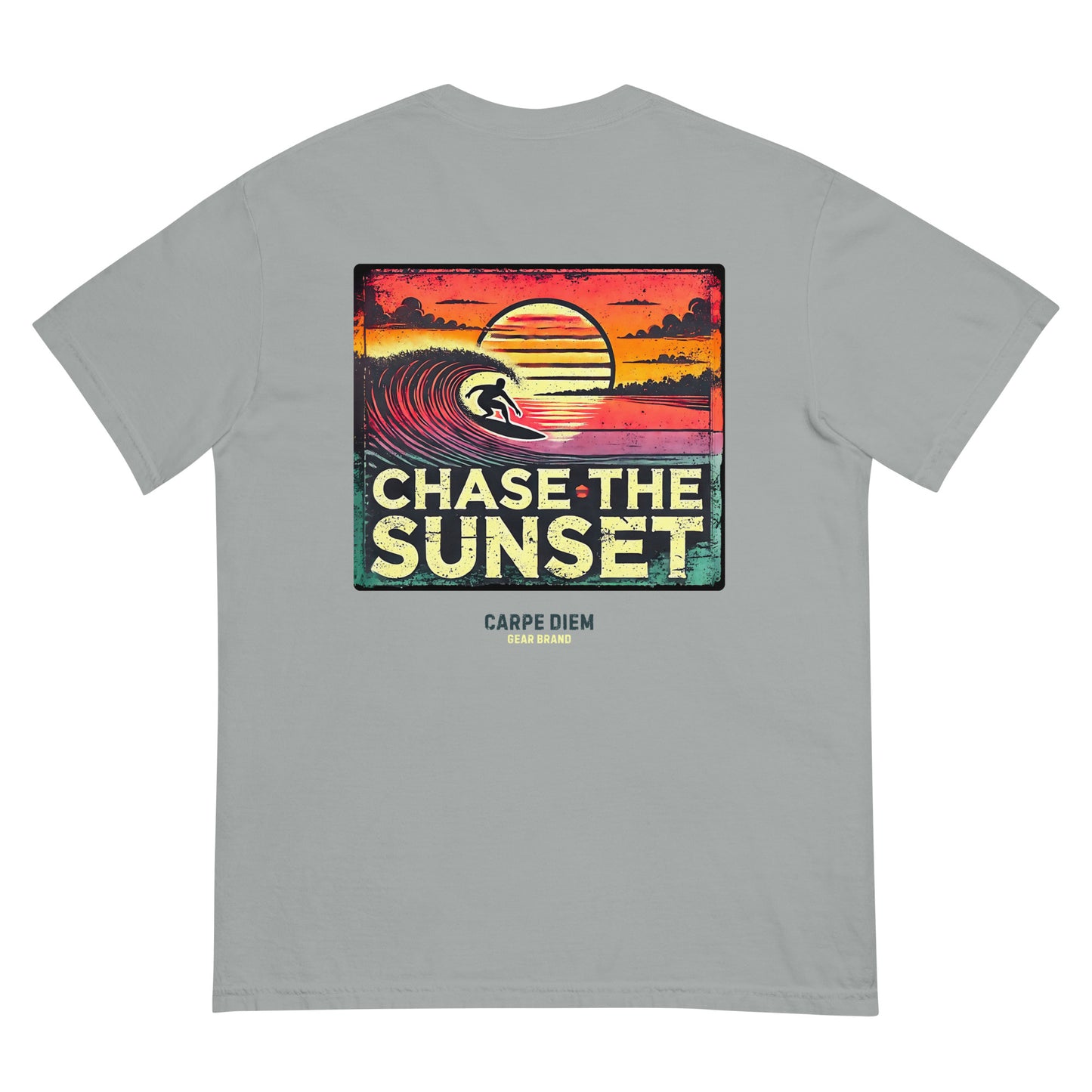 Carpe Diem Gear | Motivational | Chase the Sunset Surfing II (Deluxe) | Unisex Garment-Dyed 100% Ring-Spun Cotton Heavyweight T-Shirt