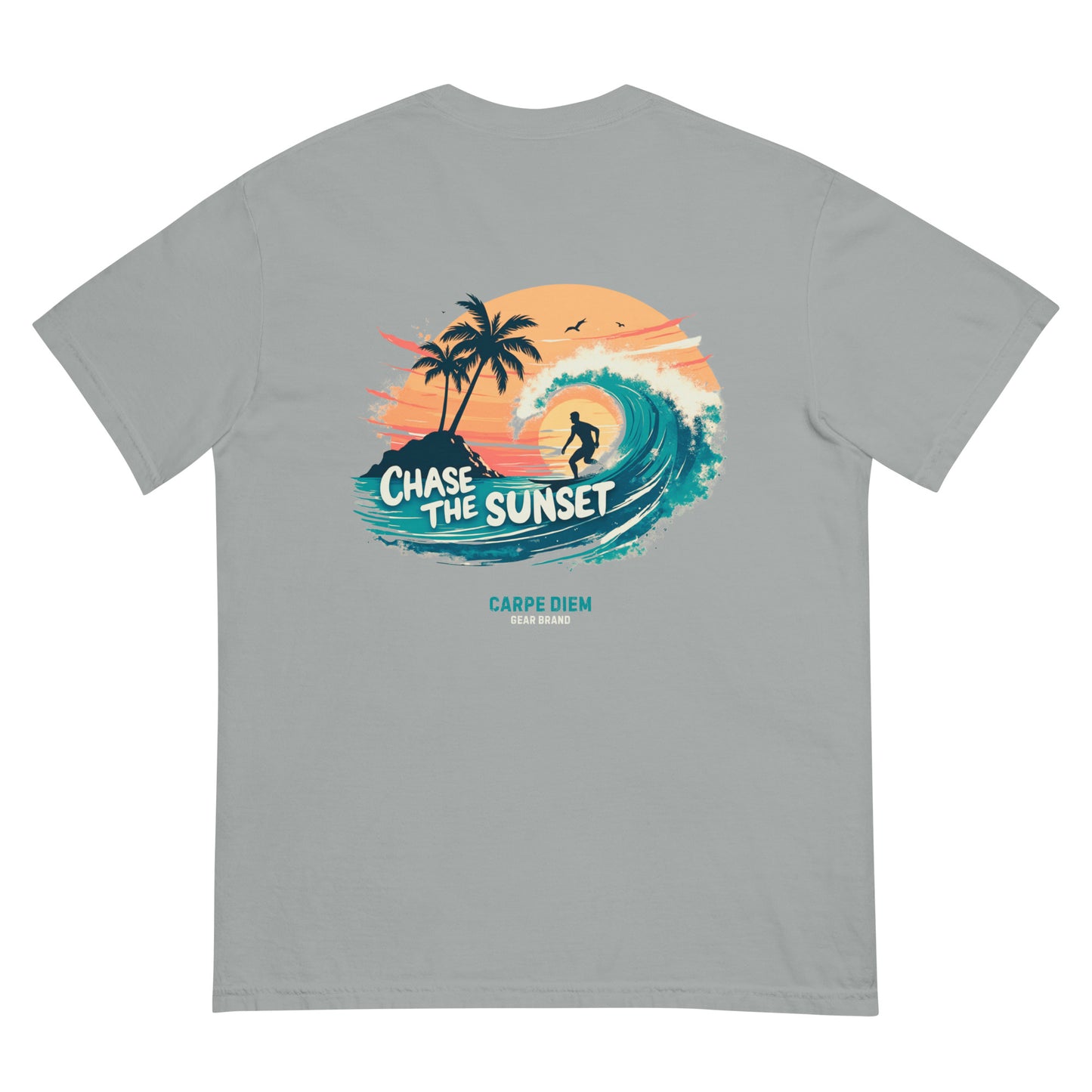 Carpe Diem Gear | Motivational | Chase the Sunset Surfing III (Deluxe) | Unisex Garment-Dyed 100% Ring-Spun Cotton Heavyweight T-Shirt