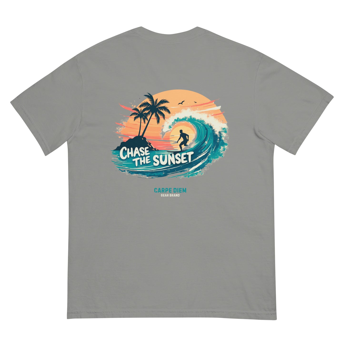 Carpe Diem Gear | Motivational | Chase the Sunset Surfing III (Deluxe) | Unisex Garment-Dyed 100% Ring-Spun Cotton Heavyweight T-Shirt