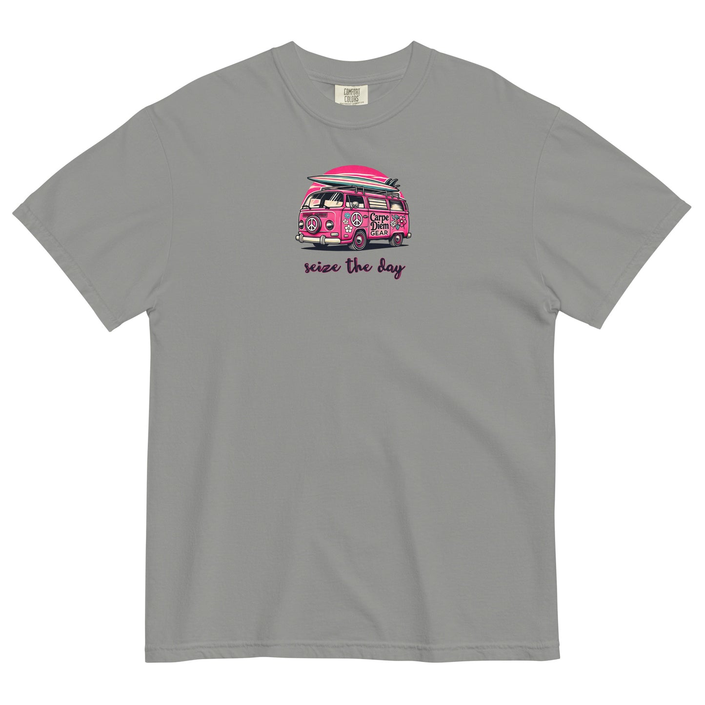 Carpe Diem Gear | Surf's Up | Hot Pink Vintage Surf VW | Unisex Garment-Dyed 100% Ring-Spun Cotton Heavyweight T-Shirt