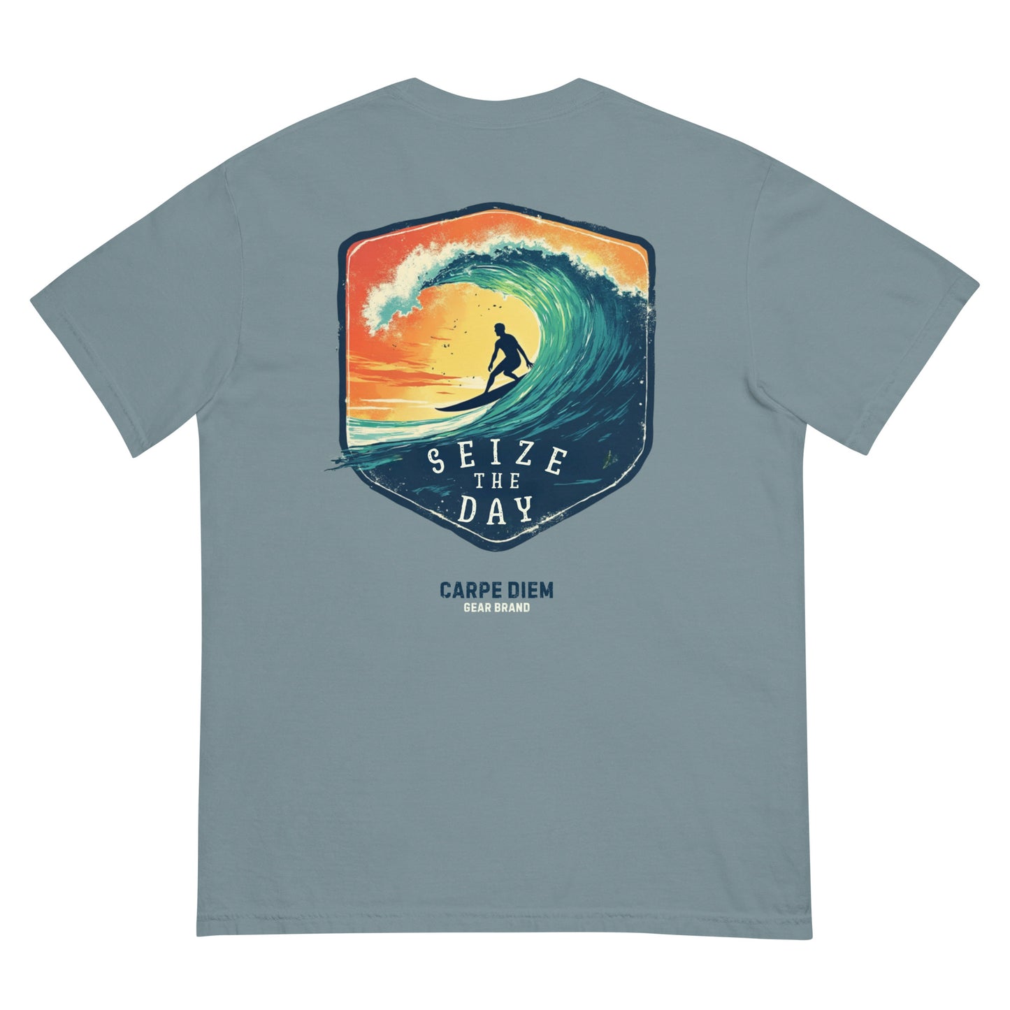 Carpe Diem Gear | Motivational | Seize the Day Surfing (Deluxe) | Unisex Garment-Dyed 100% Ring-Spun Cotton Heavyweight T-Shirt