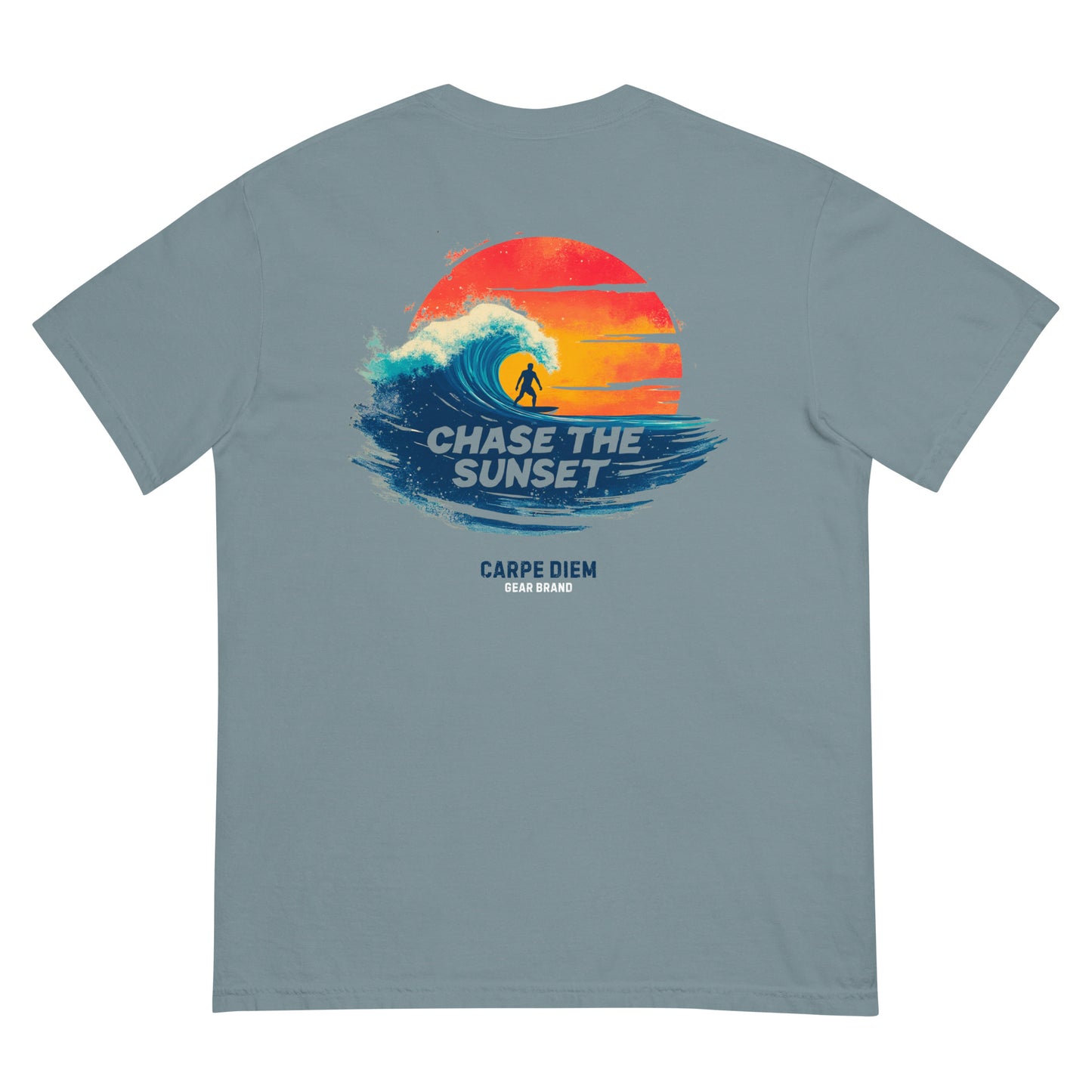 Carpe Diem Gear | Motivational | Chase the Sunset Surfing I (Deluxe) | Unisex Garment-Dyed 100% Ring-Spun Cotton Heavyweight T-Shirt