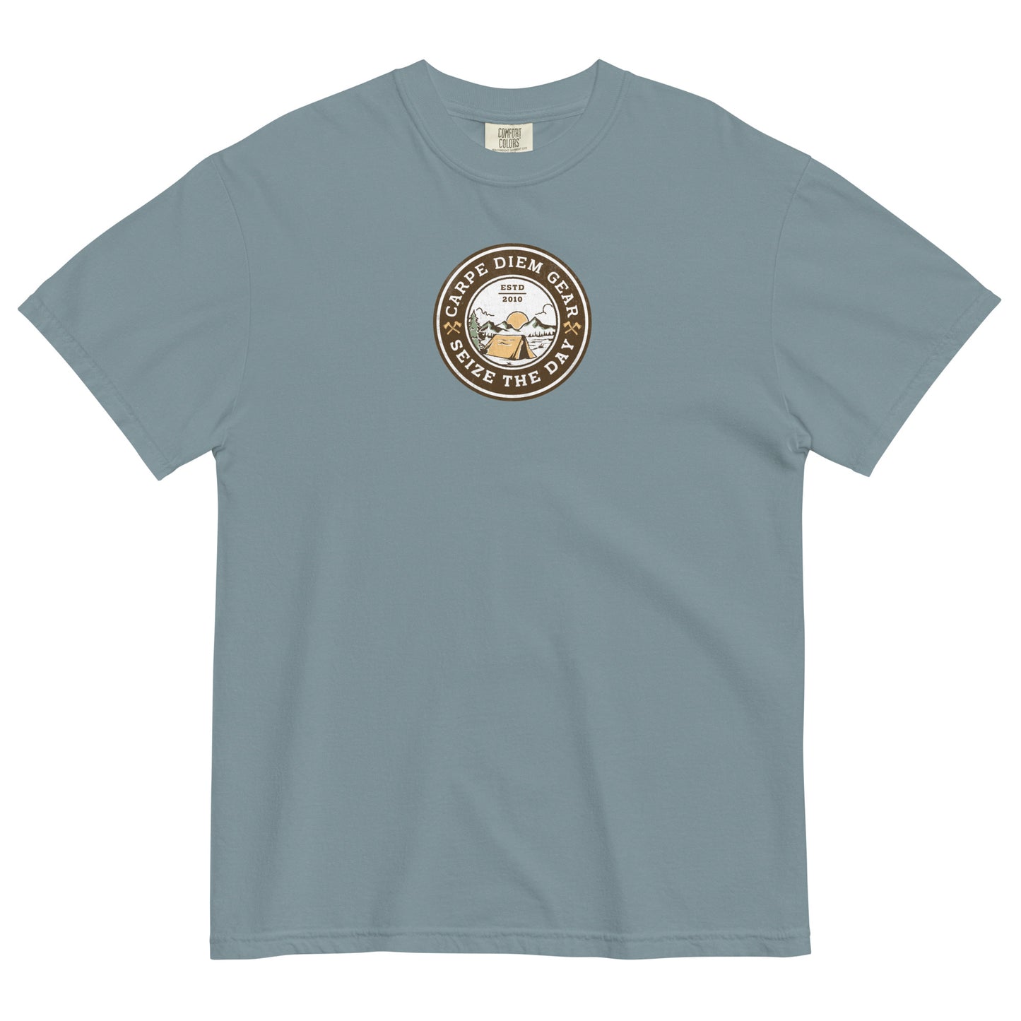 Carpe Diem Gear | Hike, Climb, Camp | Camping Badge | Unisex Garment-Dyed 100% Ring-Spun Cotton Heavyweight T-Shirt