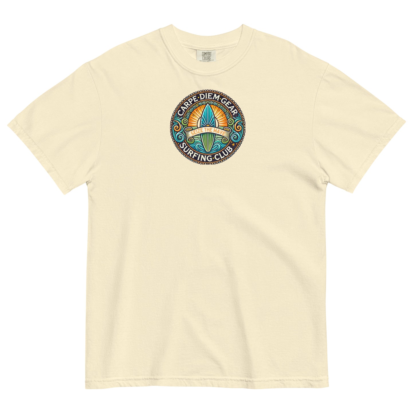 Carpe Diem Gear | Surf's Up | Surf Circle Badge IV | Unisex Garment-Dyed 100% Ring-Spun Cotton Heavyweight T-Shirt