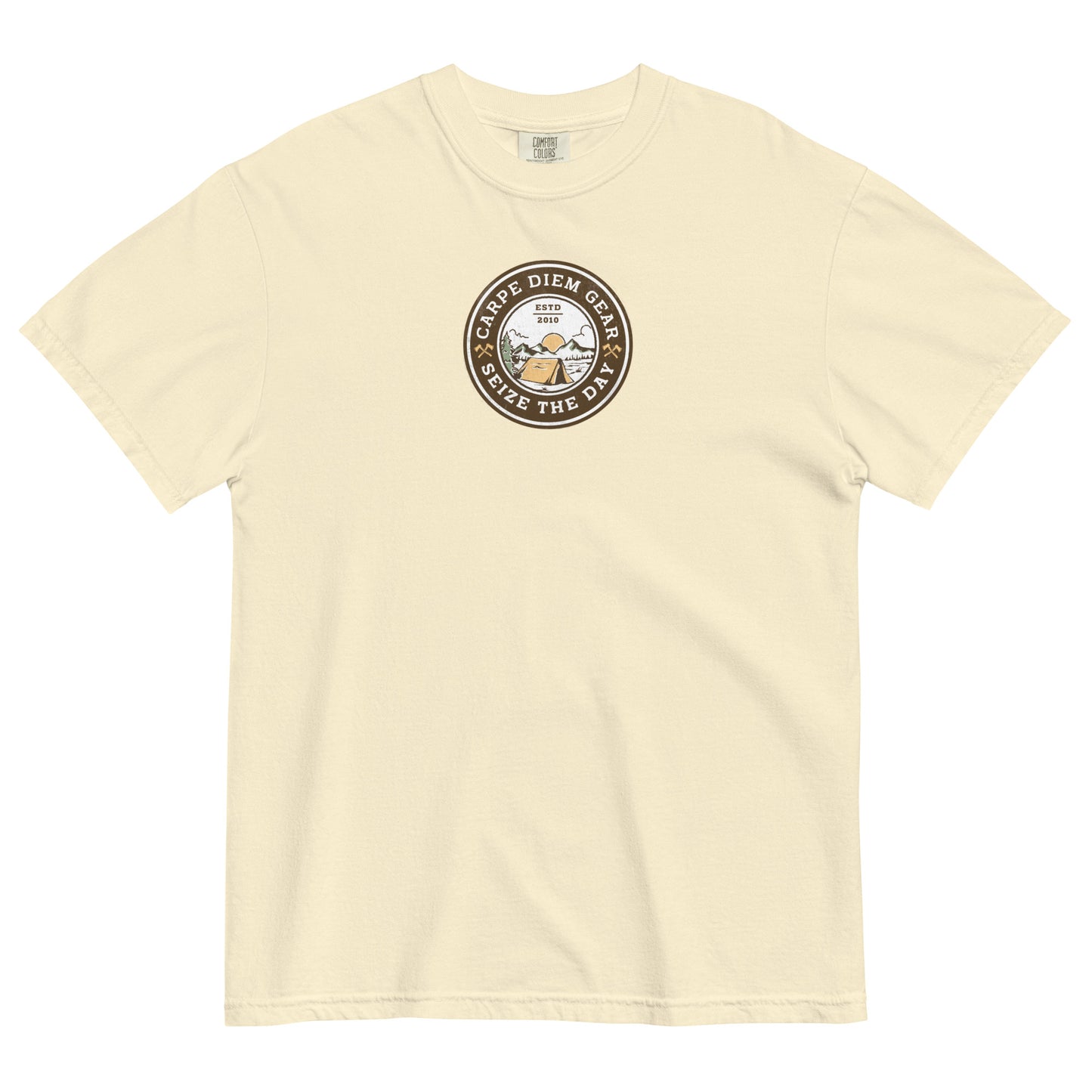 Carpe Diem Gear | Hike, Climb, Camp | Camping Badge | Unisex Garment-Dyed 100% Ring-Spun Cotton Heavyweight T-Shirt