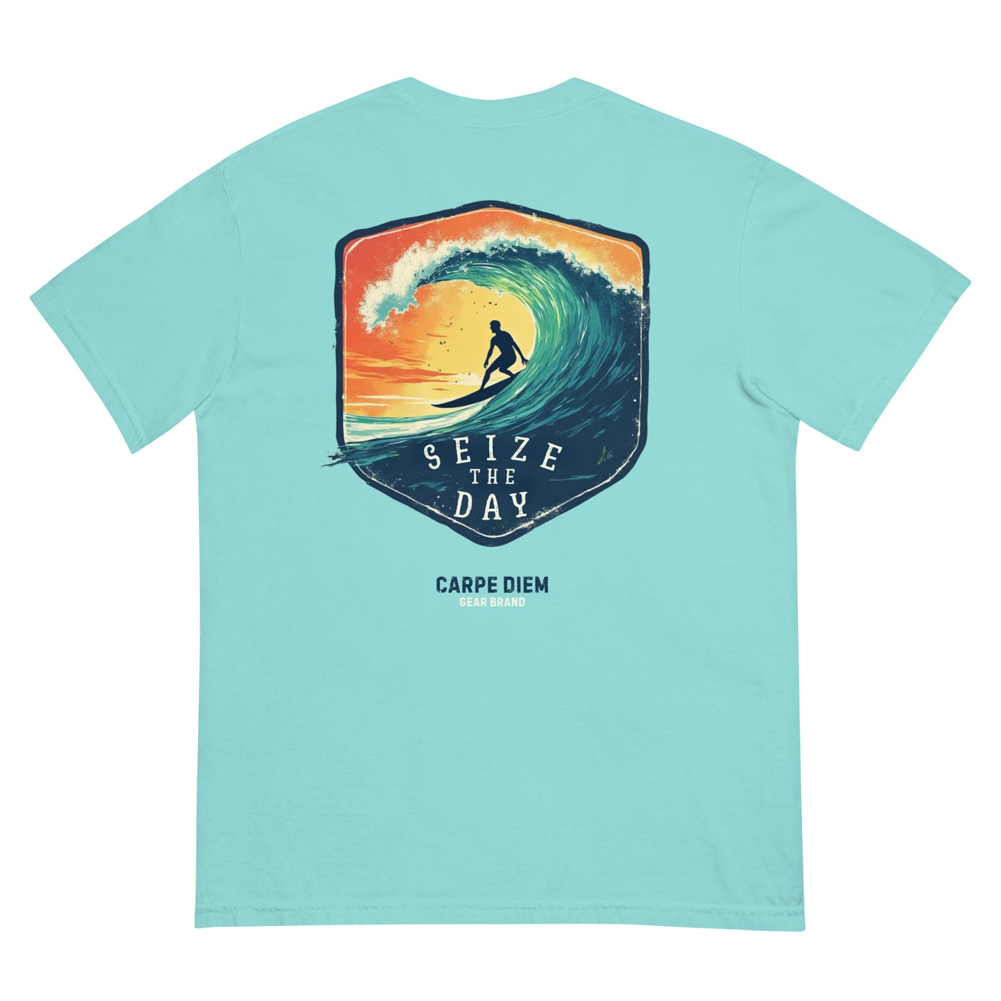 Carpe Diem Gear | Motivational | Seize the Day Surfing (Deluxe) | Unisex Garment-Dyed 100% Ring-Spun Cotton Heavyweight T-Shirt