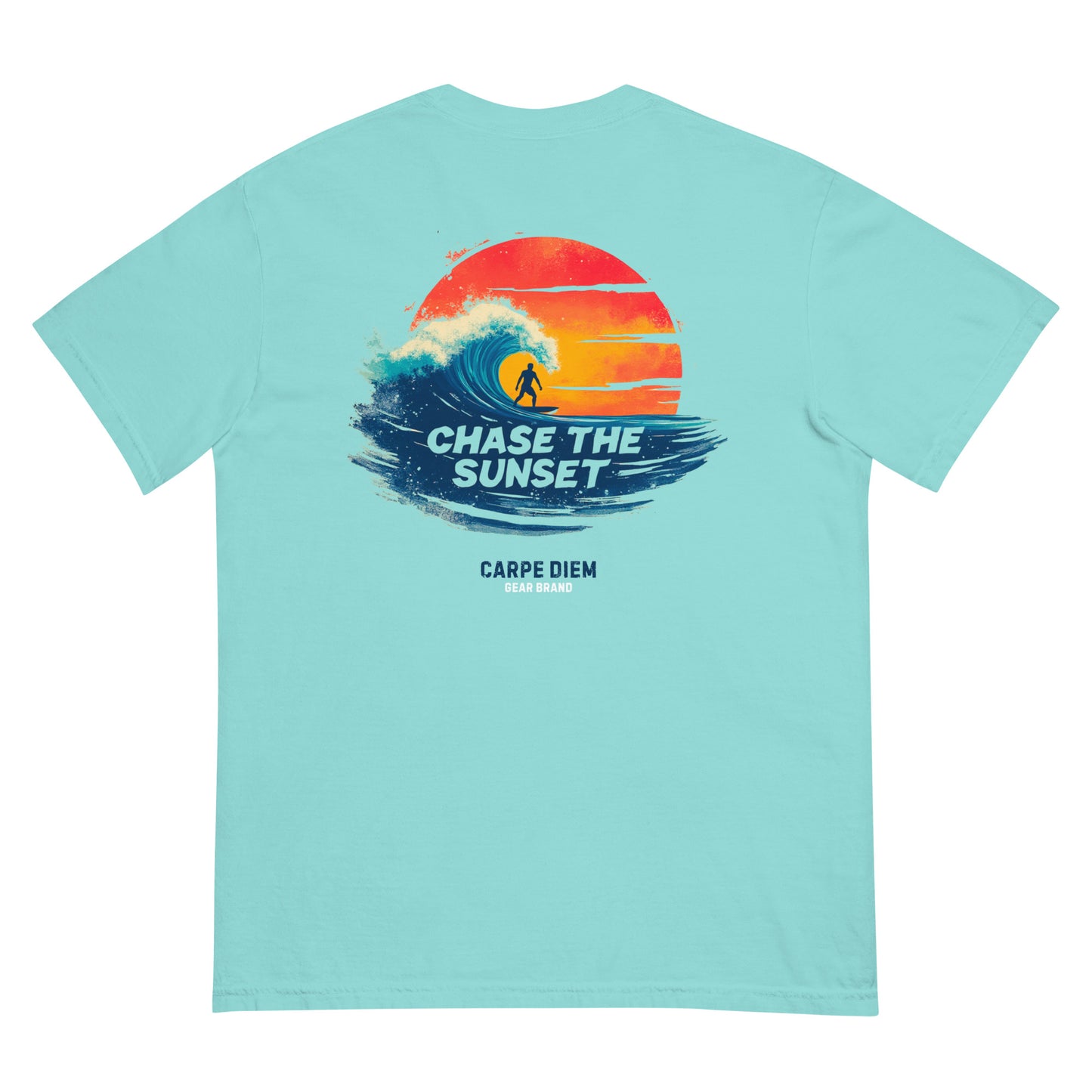 Carpe Diem Gear | Motivational | Chase the Sunset Surfing I (Deluxe) | Unisex Garment-Dyed 100% Ring-Spun Cotton Heavyweight T-Shirt