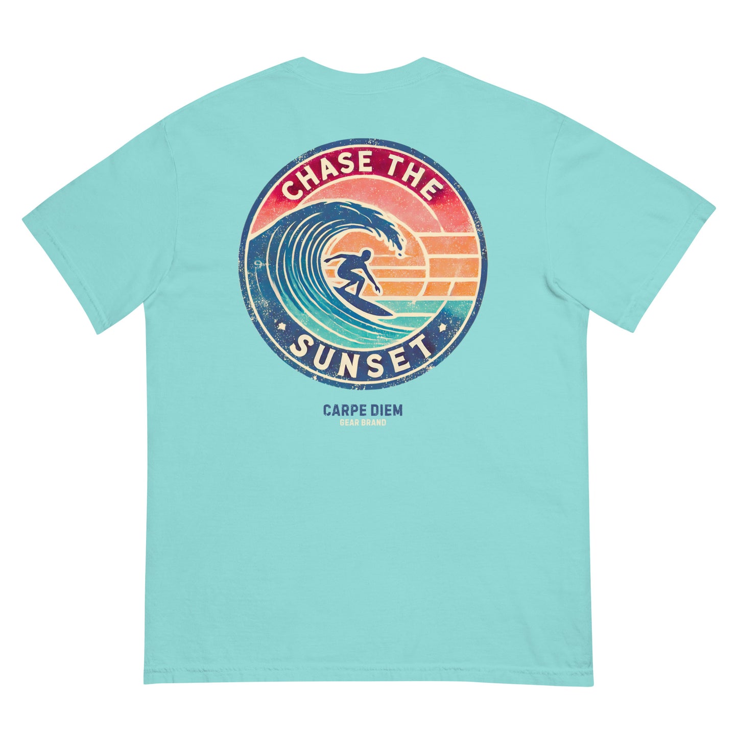 Carpe Diem Gear | Motivational | Chase the Sunset Surfing IV (Deluxe) | Unisex Garment-Dyed 100% Ring-Spun Cotton Heavyweight T-Shirt