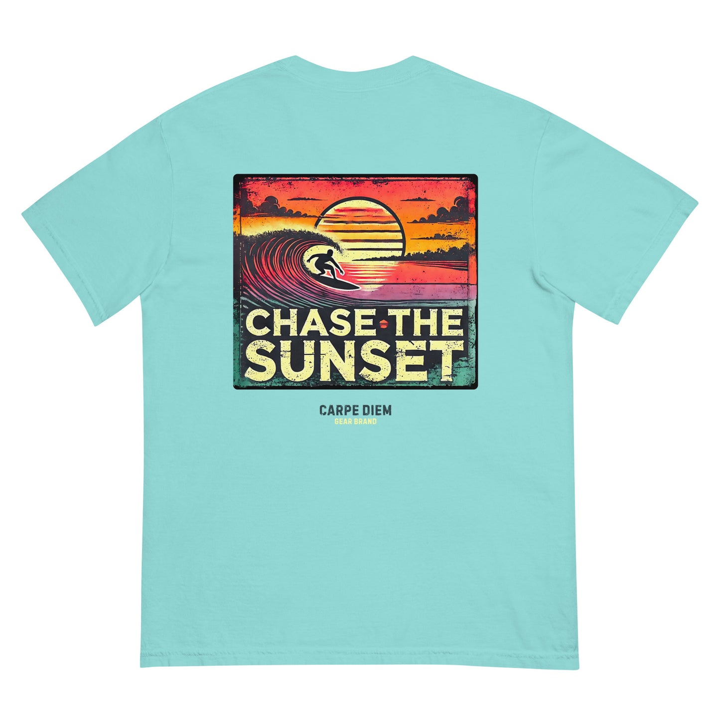 Carpe Diem Gear | Motivational | Chase the Sunset Surfing II (Deluxe) | Unisex Garment-Dyed 100% Ring-Spun Cotton Heavyweight T-Shirt