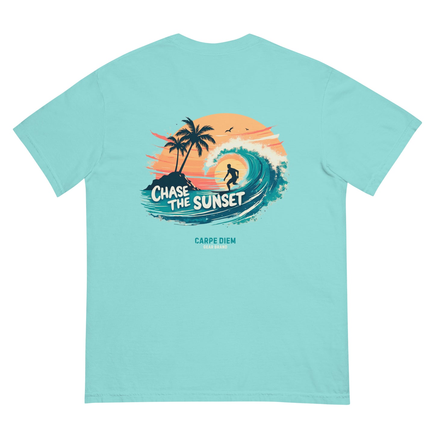 Carpe Diem Gear | Motivational | Chase the Sunset Surfing III (Deluxe) | Unisex Garment-Dyed 100% Ring-Spun Cotton Heavyweight T-Shirt