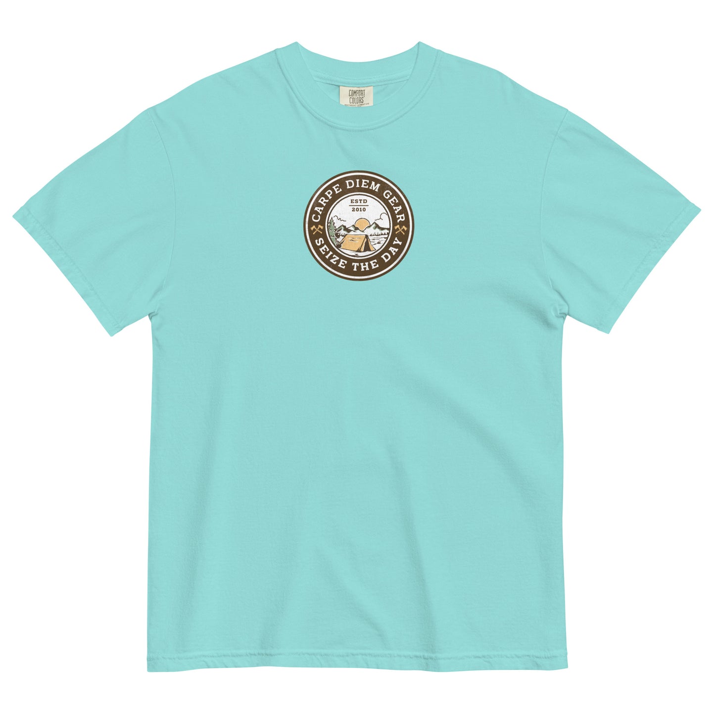 Carpe Diem Gear | Hike, Climb, Camp | Camping Badge | Unisex Garment-Dyed 100% Ring-Spun Cotton Heavyweight T-Shirt