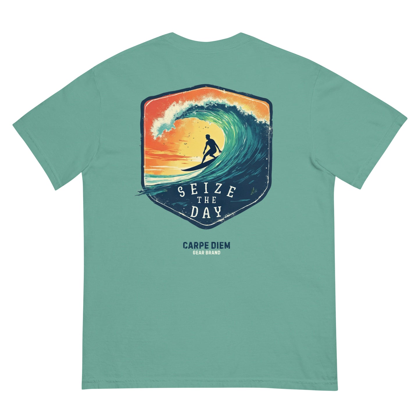 Carpe Diem Gear | Motivational | Seize the Day Surfing (Deluxe) | Unisex Garment-Dyed 100% Ring-Spun Cotton Heavyweight T-Shirt