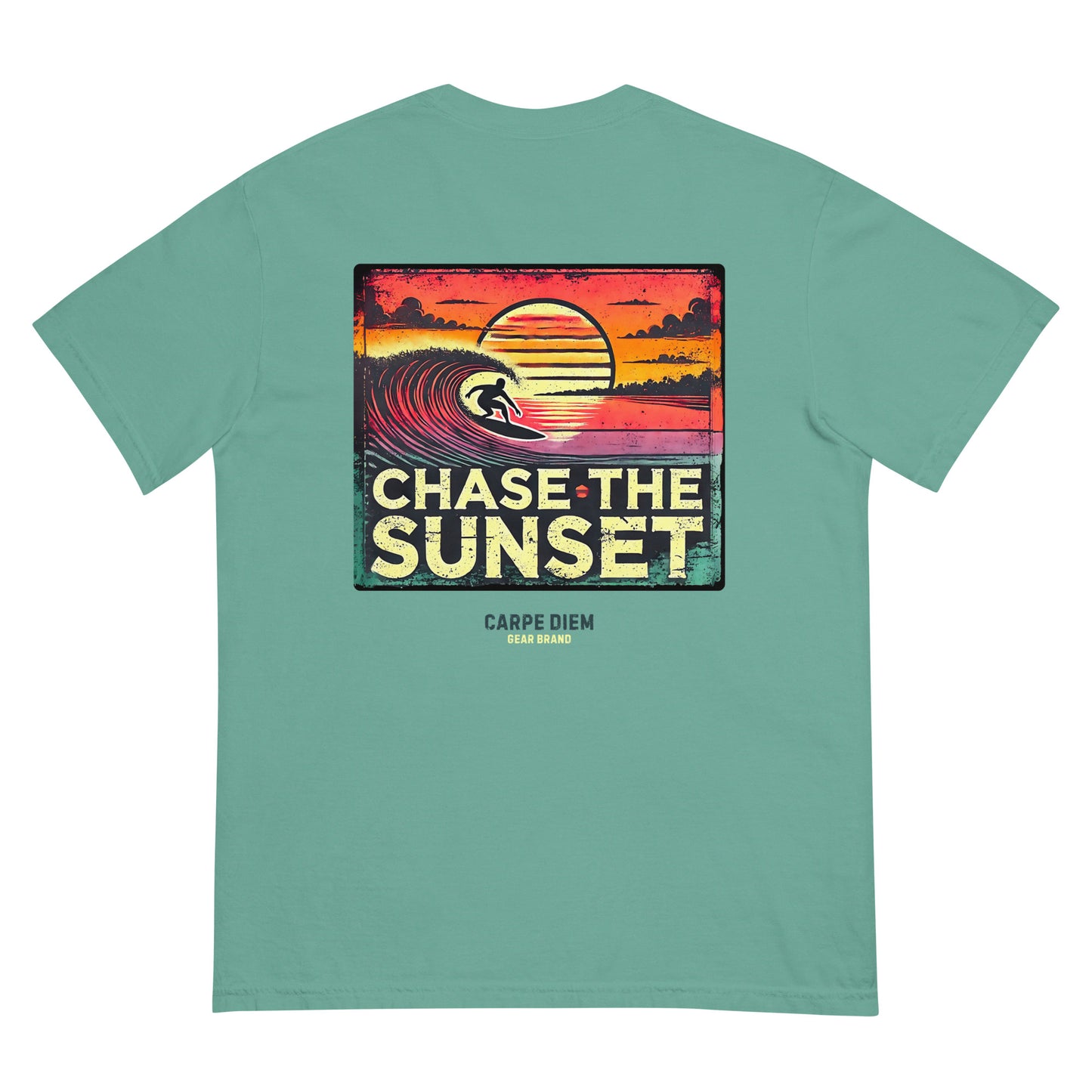 Carpe Diem Gear | Motivational | Chase the Sunset Surfing II (Deluxe) | Unisex Garment-Dyed 100% Ring-Spun Cotton Heavyweight T-Shirt