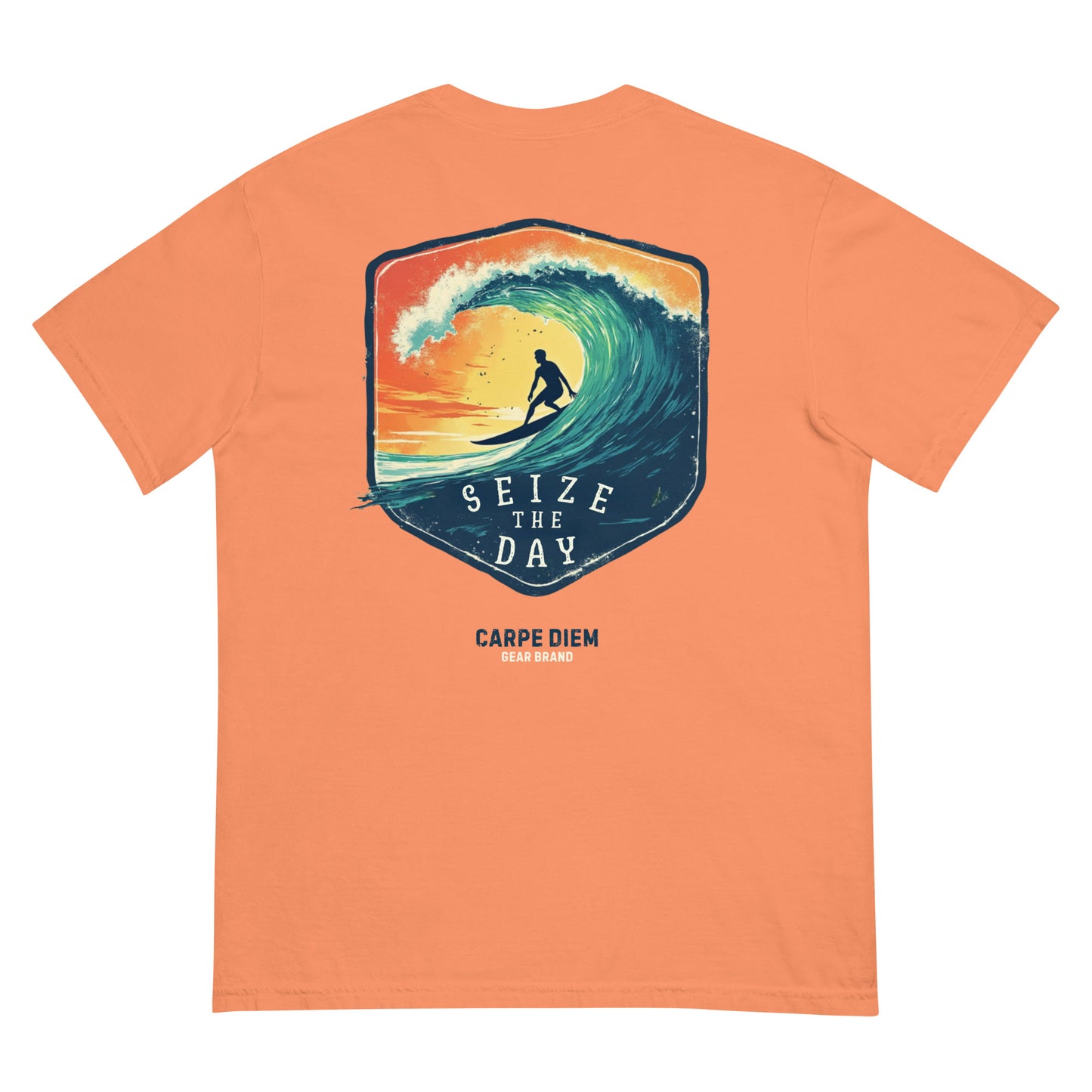 Carpe Diem Gear | Motivational | Seize the Day Surfing (Deluxe) | Unisex Garment-Dyed 100% Ring-Spun Cotton Heavyweight T-Shirt