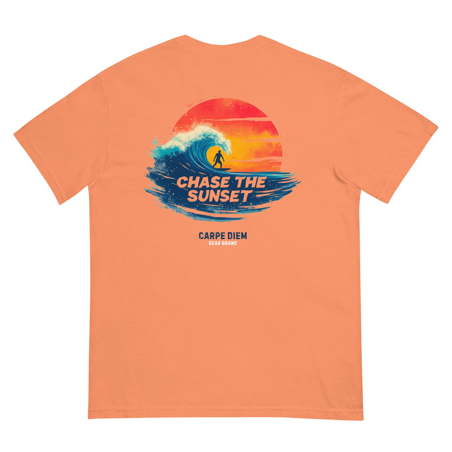 Carpe Diem Gear | Motivational | Chase the Sunset Surfing I (Deluxe) | Unisex Garment-Dyed 100% Ring-Spun Cotton Heavyweight T-Shirt