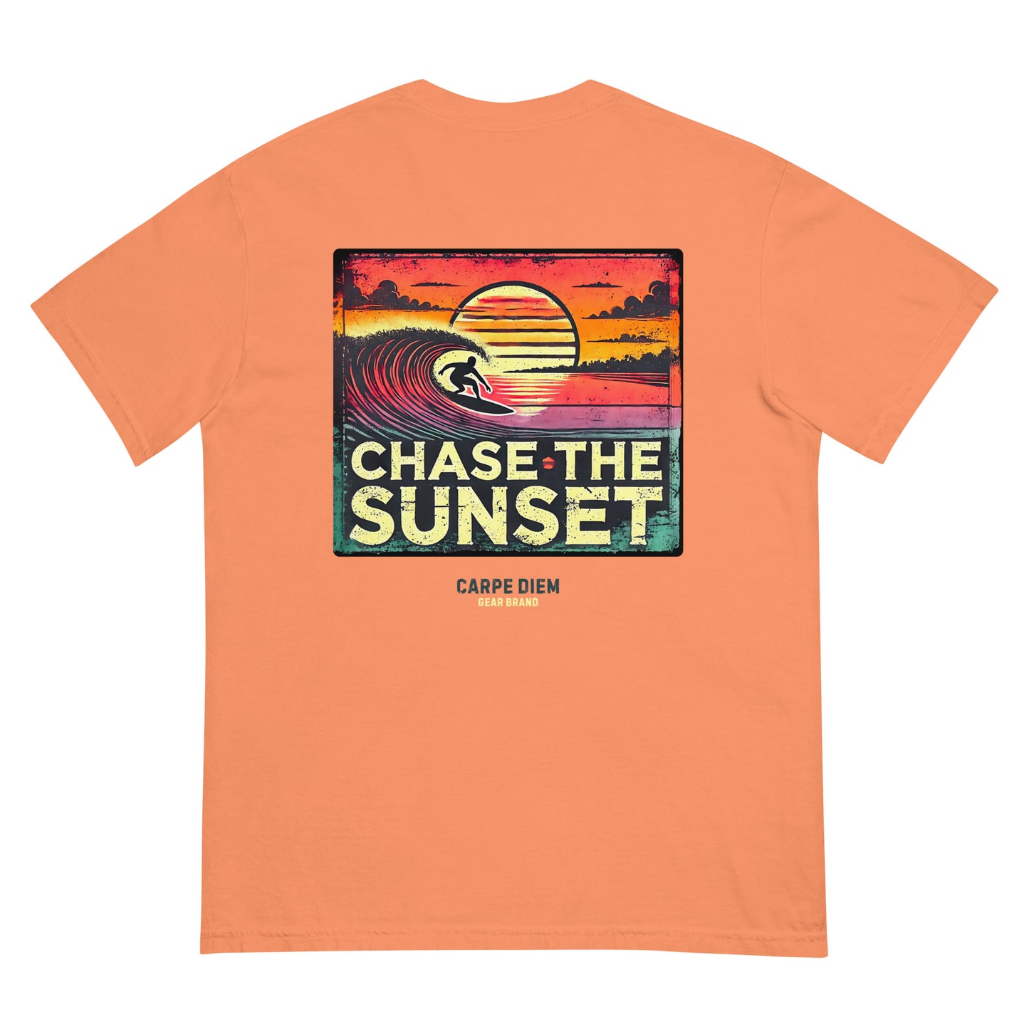 Carpe Diem Gear | Motivational | Chase the Sunset Surfing II (Deluxe) | Unisex Garment-Dyed 100% Ring-Spun Cotton Heavyweight T-Shirt