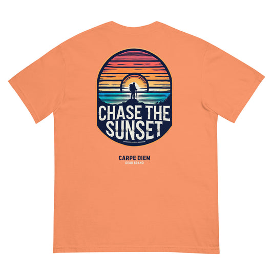 Carpe Diem Gear | Motivational | Chase the Sunset Hiking I (Deluxe) | Unisex Garment-Dyed 100% Ring-Spun Cotton Heavyweight T-Shirt