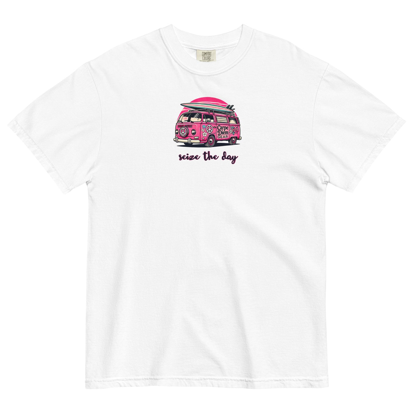 Carpe Diem Gear | Surf's Up | Hot Pink Vintage Surf VW | Unisex Garment-Dyed 100% Ring-Spun Cotton Heavyweight T-Shirt