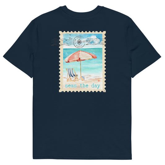 Carpe Diem Gear | Beach Life | Seas the Day Stamp DELUXE | Unisex 100% Cotton T-Shirt