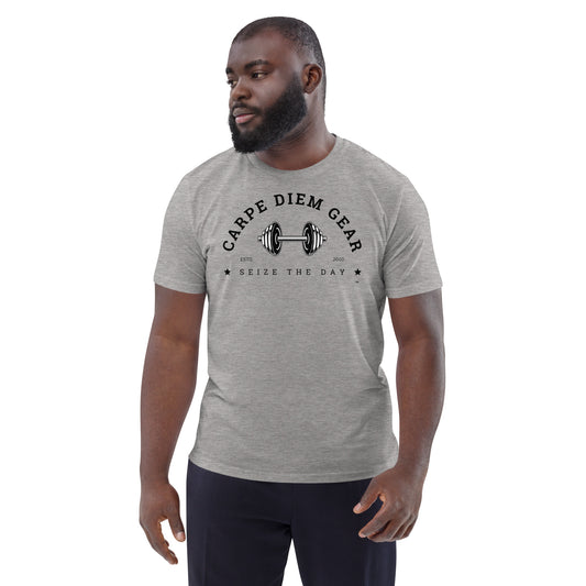Carpe Diem Gear | Weightlifitng | Black Center Dumbbell | Unisex 100% Organic Cotton T-Shirt