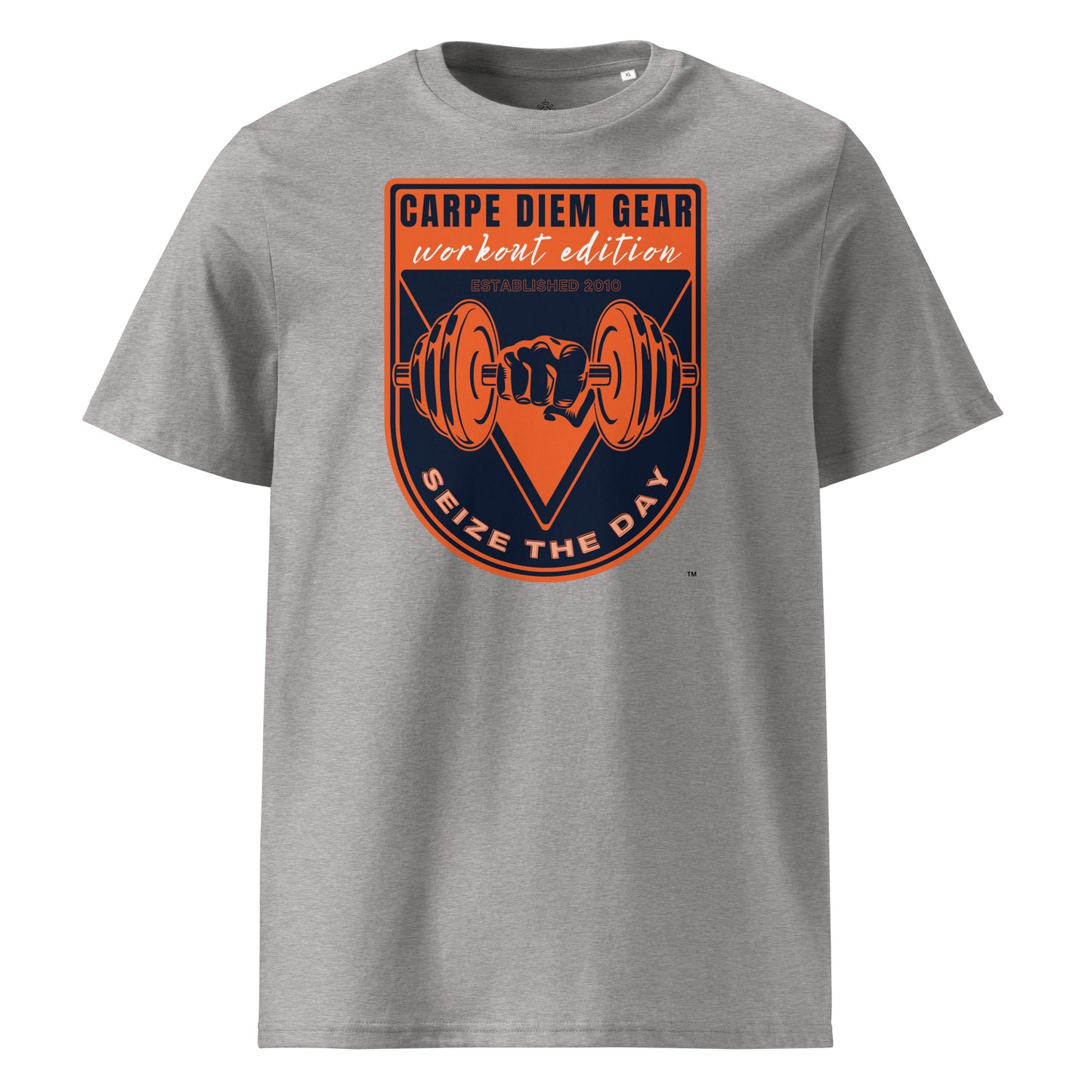 Carpe Diem Gear | Weightlifting | Orange Badge | Unisex 100% Organic Cotton T-Shirt