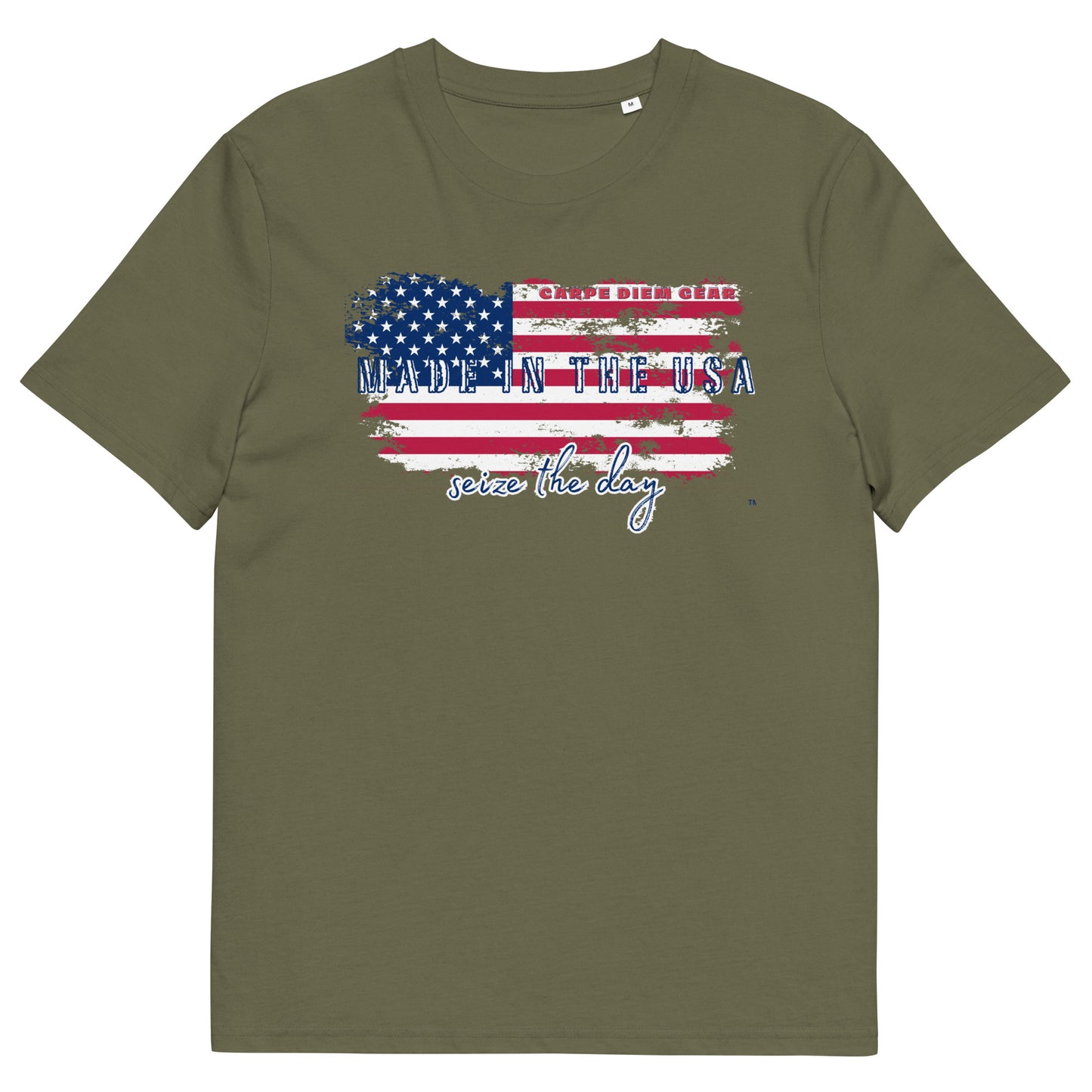 Carpe Diem Gear | America | Made in the USA Faded Flag | Unisex 100% Organic Cotton