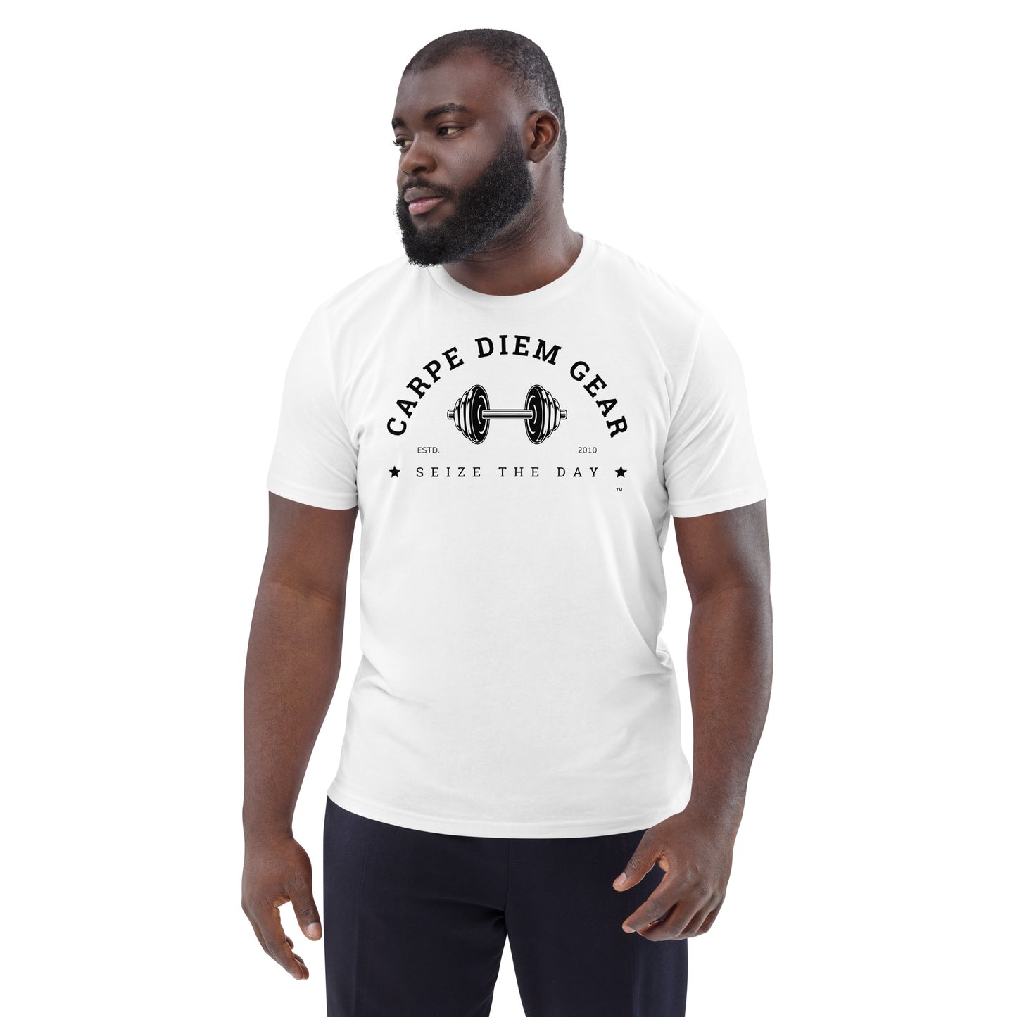 Carpe Diem Gear | Weightlifitng | Black Center Dumbbell | Unisex 100% Organic Cotton T-Shirt