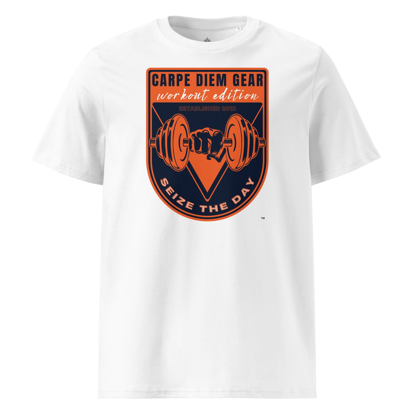 Carpe Diem Gear | Weightlifting | Orange Badge | Unisex 100% Organic Cotton T-Shirt