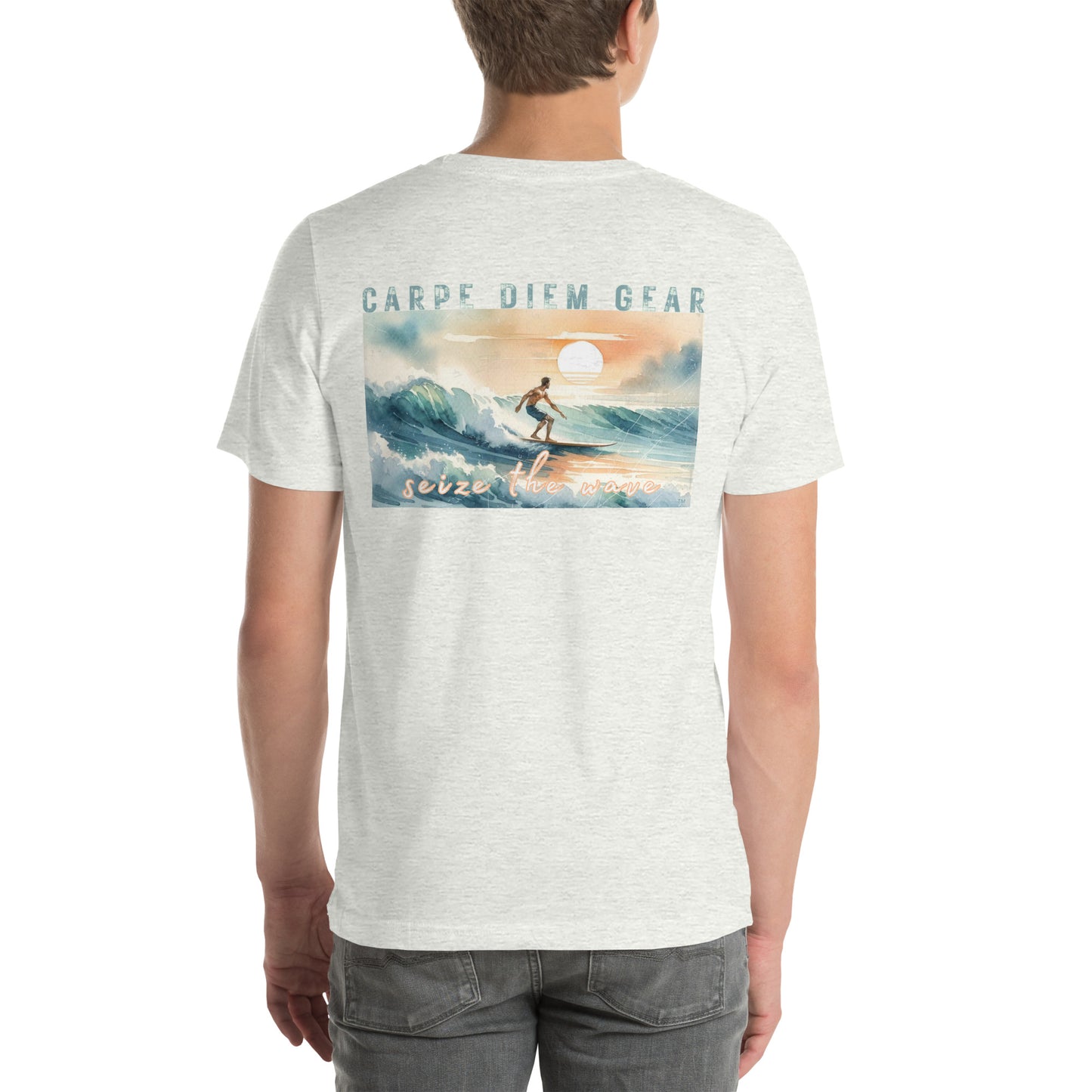 Carpe Diem Gear | Surf's Up | Watercolor Longboard Surfing Horizontal | Unisex 100% Ring-Spun Cotton