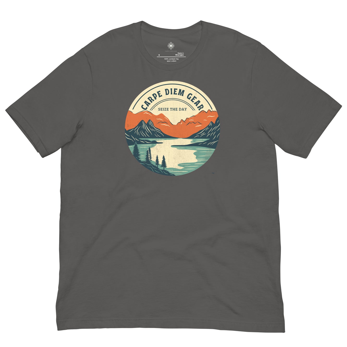 Carpe Diem Gear | Hike, Climb, Camp |  Circle Mountain & Lake | Unisex 100% Cotton T-Shirt