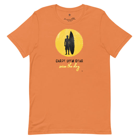 Carpe Diem Gear | Surf's Up | Surfer in Sunset | Unisex 100% Ring-Spun Cotton T-Shirt