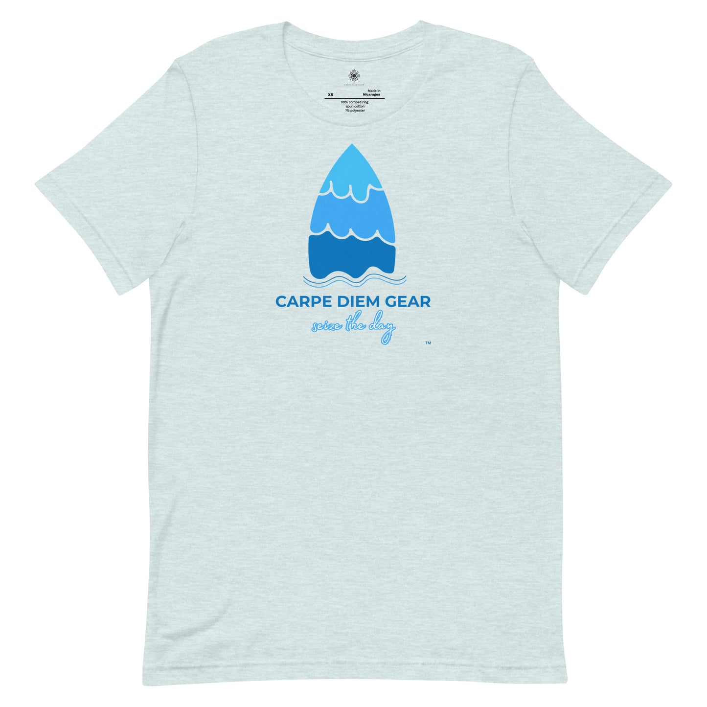 Carpe Diem Gear | Surf's Up | Blue Surfboard | Unisex 100% Cotton T-Shirt