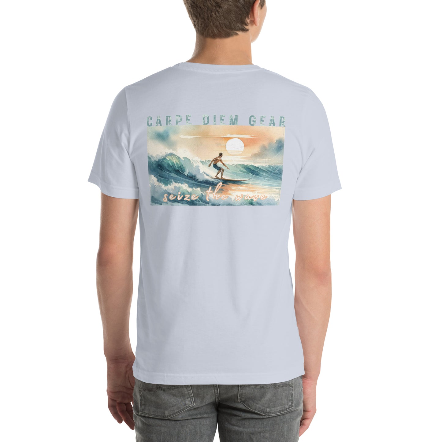 Carpe Diem Gear | Surf's Up | Watercolor Longboard Surfing Horizontal | Unisex 100% Ring-Spun Cotton