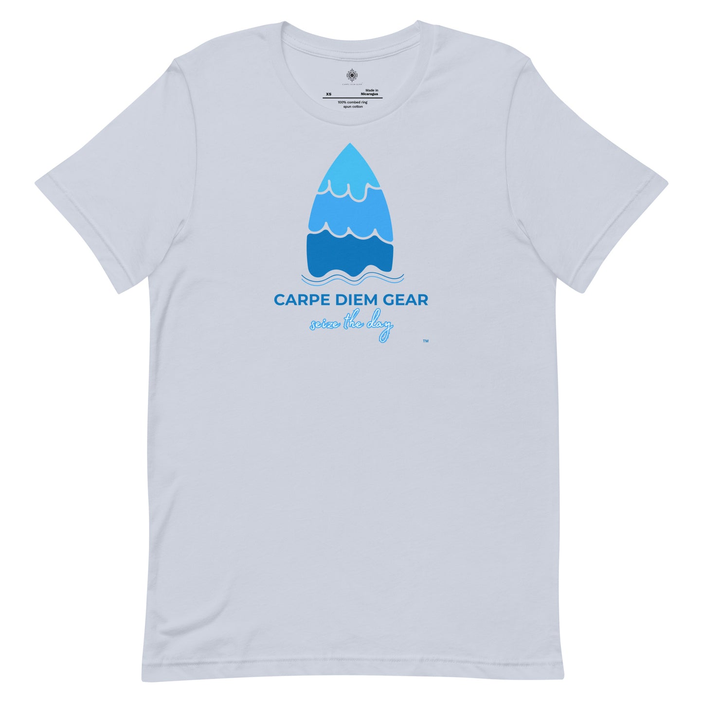 Carpe Diem Gear | Surf's Up | Blue Surfboard | Unisex 100% Cotton T-Shirt