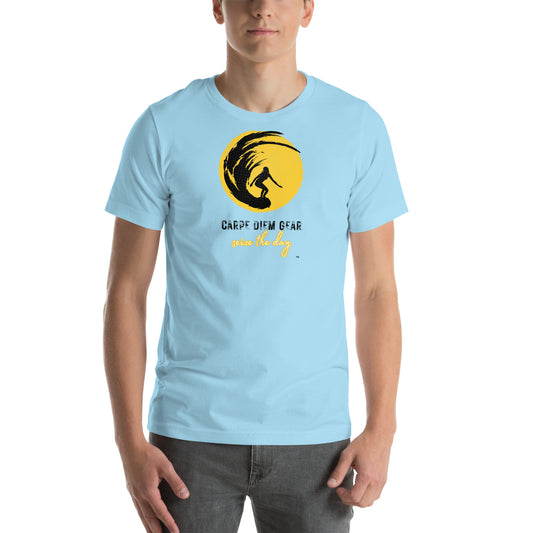 Carpe Diem Gear | Surf's Up | Girl Surfing in Sunset | Unisex 100% Ring-Spun Cotton T-Shirt