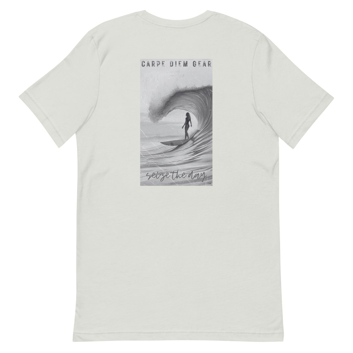 Carpe Diem Gear | Surf's Up | Girl Surfing Tube (Black & White) DELUXE | Unisex 100% Ring-Spun Cotton