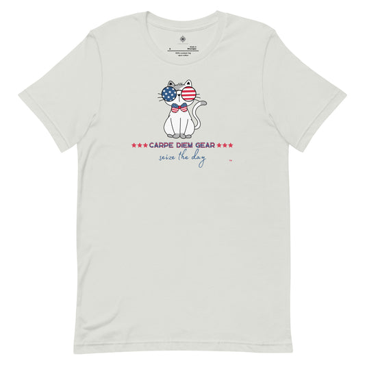 Carpe Diem Gear | America  | Red, White, and Blue Cat | Unisex 100% Cotton T-Shirt