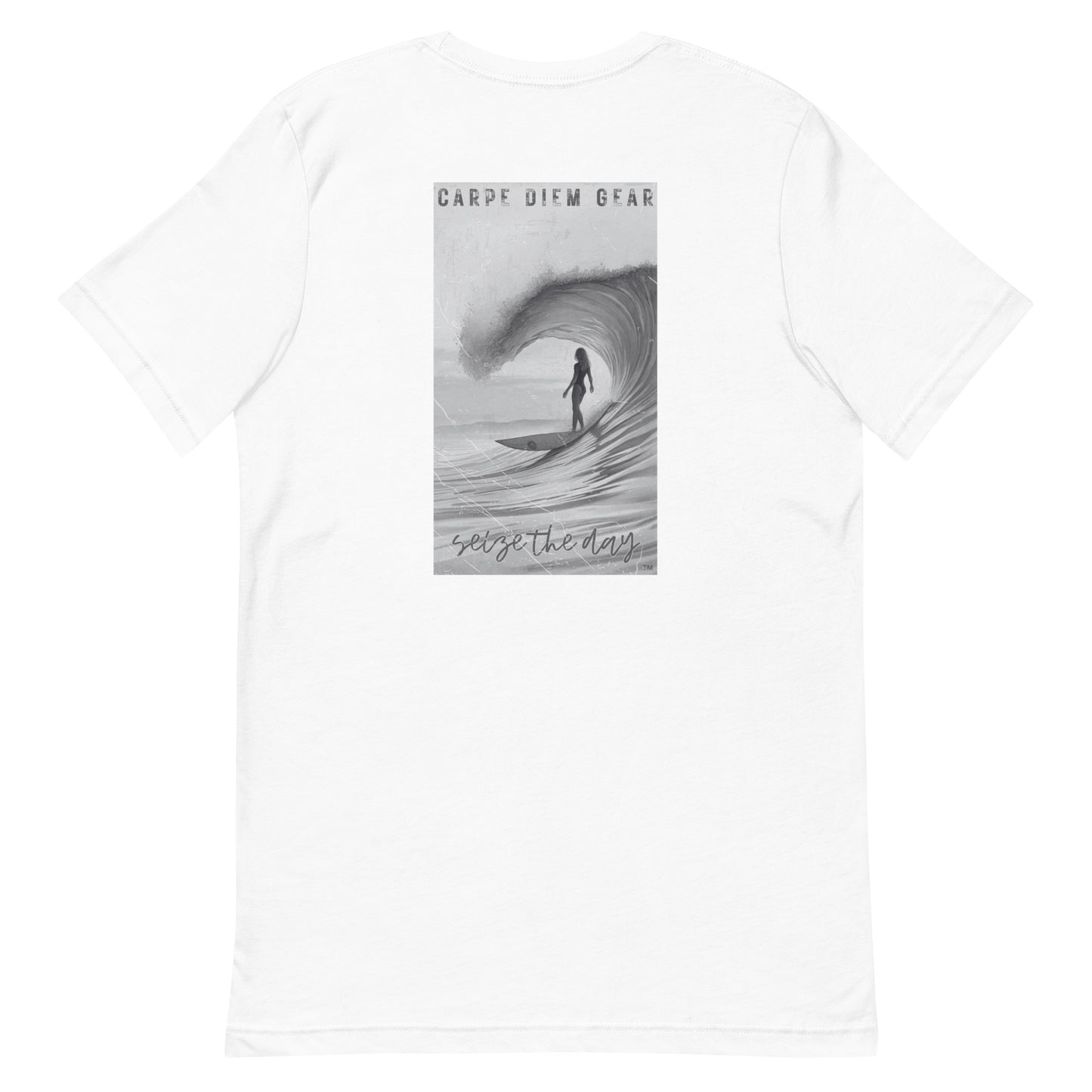 Carpe Diem Gear | Surf's Up | Girl Surfing Tube (Black & White) DELUXE | Unisex 100% Ring-Spun Cotton