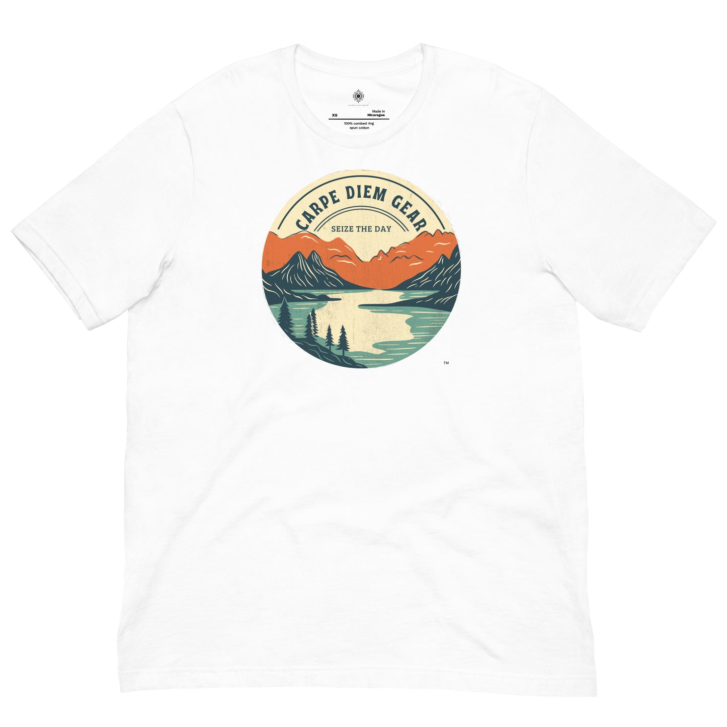 Carpe Diem Gear | Hike, Climb, Camp |  Circle Mountain & Lake | Unisex 100% Cotton T-Shirt